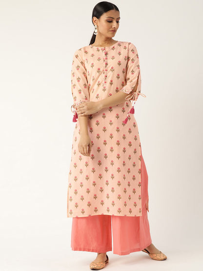 Women's Peach Calf Length Three-Quarter Sleeves Straight Floral Printed Cotton Kurta