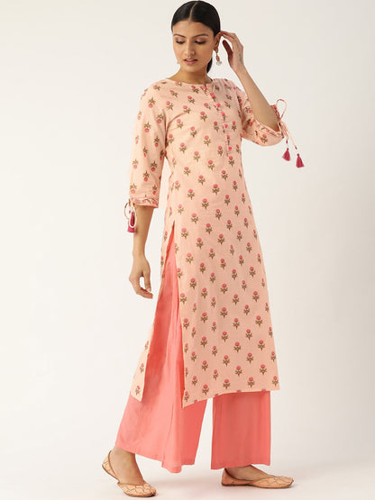 Women's Peach Calf Length Three-Quarter Sleeves Straight Floral Printed Cotton Kurta