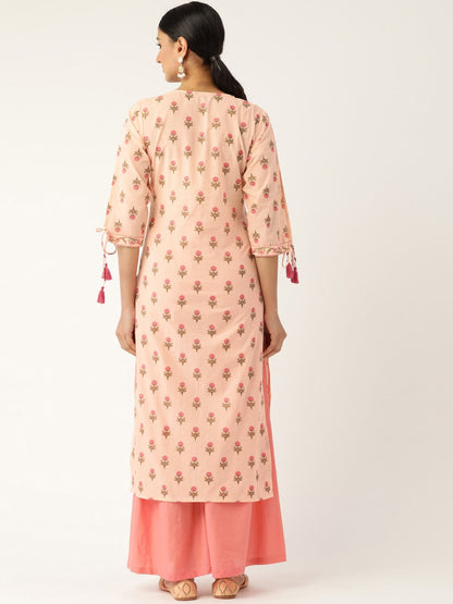 Women's Peach Calf Length Three-Quarter Sleeves Straight Floral Printed Cotton Kurta