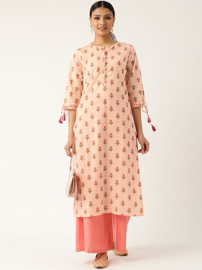 Women's Peach Calf Length Three-Quarter Sleeves Straight Floral Printed Cotton Kurta