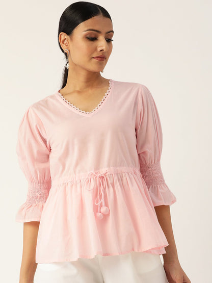 Women's Pink Three-Quarter Sleeves Smocking Top