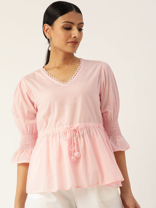 Women's Pink Three-Quarter Sleeves Smocking Top