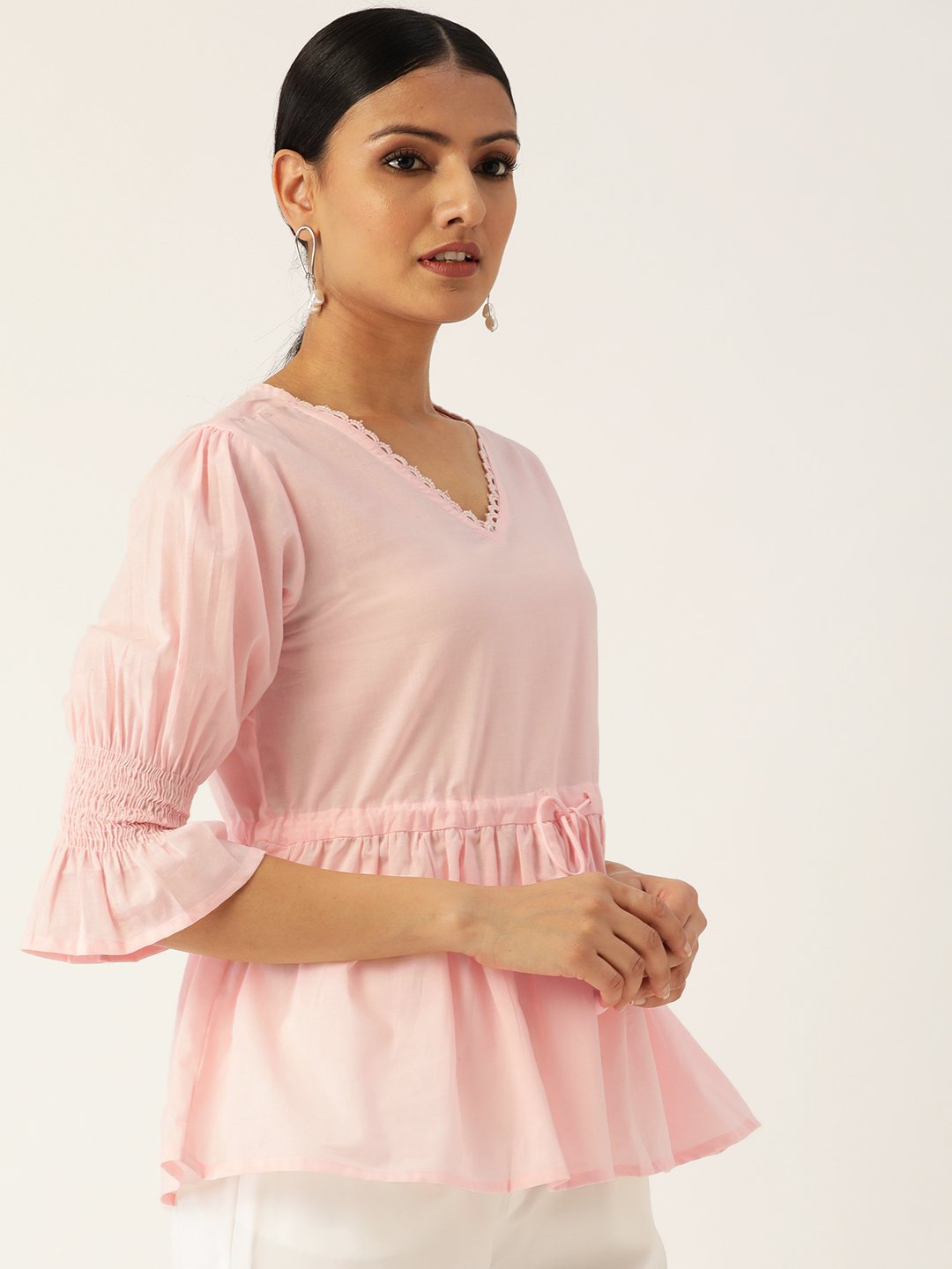 Women's Pink Three-Quarter Sleeves Smocking Top
