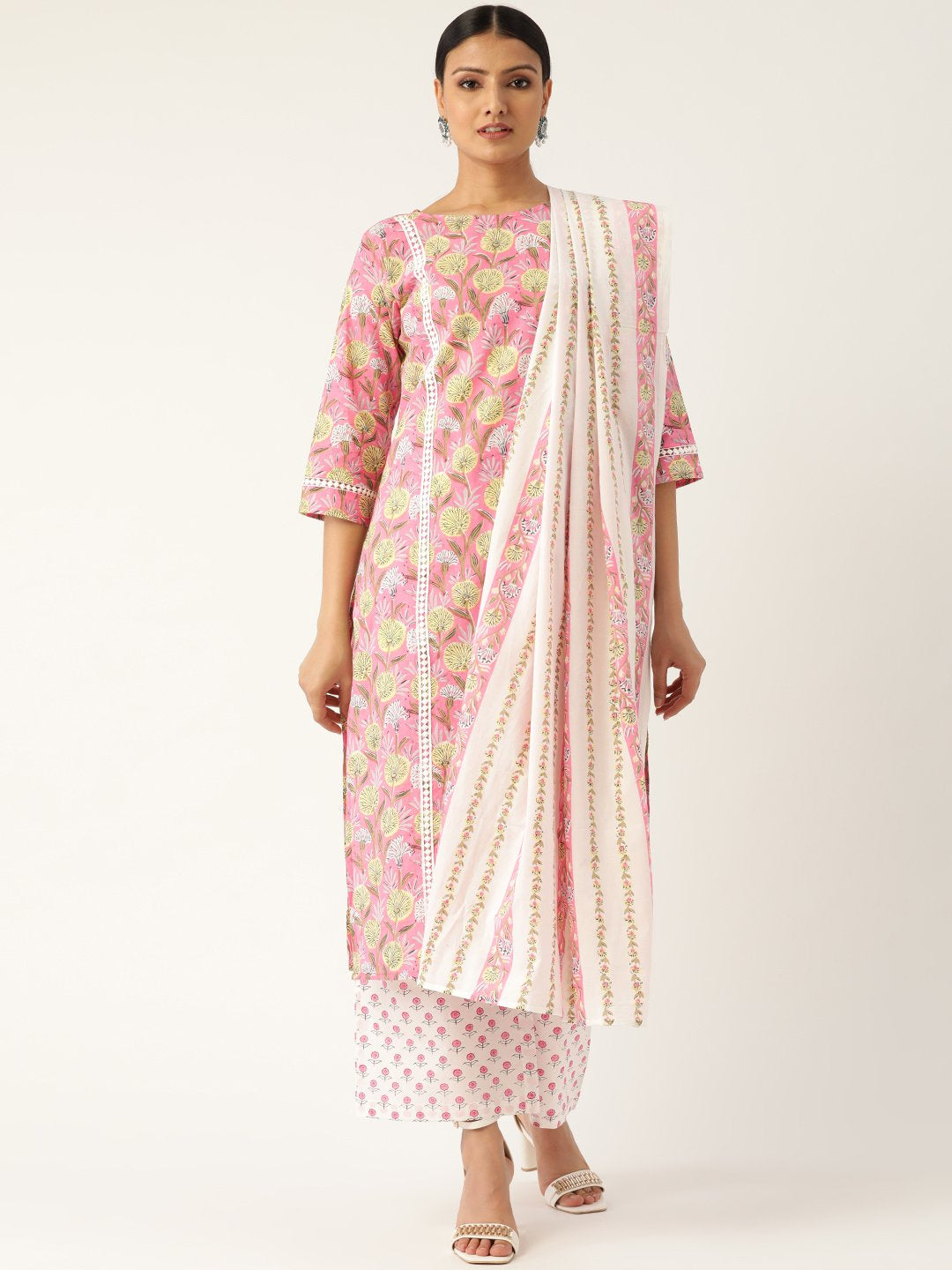 Women's Pink & Off-White Printed Kurta With Palazzos & Dupatta