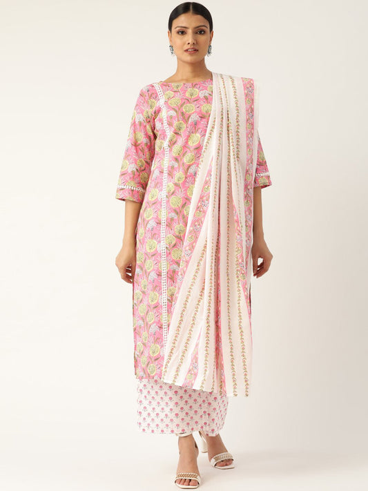Women's Pink & Off-White Printed Kurta With Palazzos & Dupatta