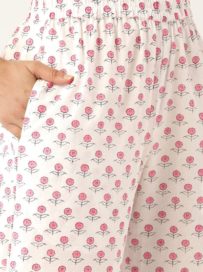 Women's Pink & Off-White Printed Kurta With Palazzos & Dupatta