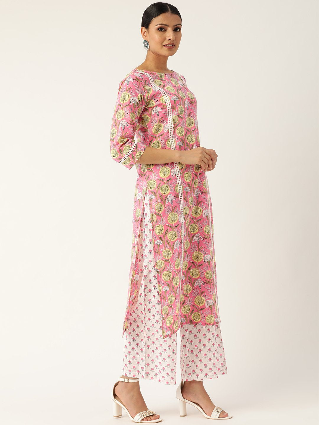 Women's Pink & Off-White Printed Kurta With Palazzos & Dupatta