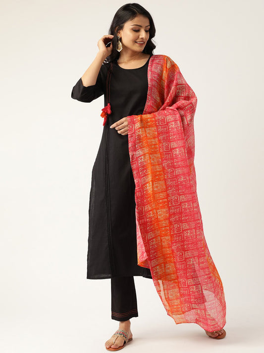 Women's Black & Pink Solid Kurta With Trousers & Dupatta