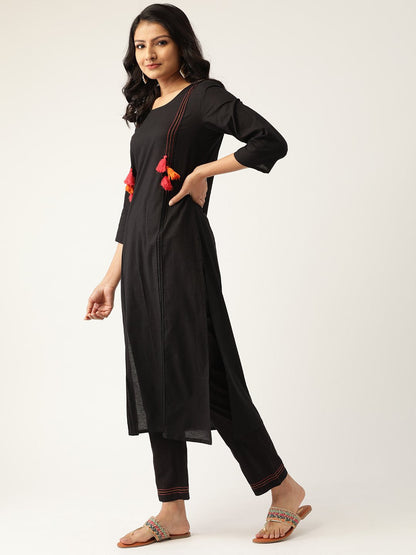 Women's Black & Pink Solid Kurta With Trousers & Dupatta