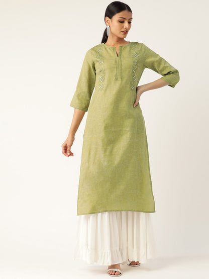 Women's Green Calf Length Three-Quarter Sleeves Straight Solid Embroidered Cotton Kurta