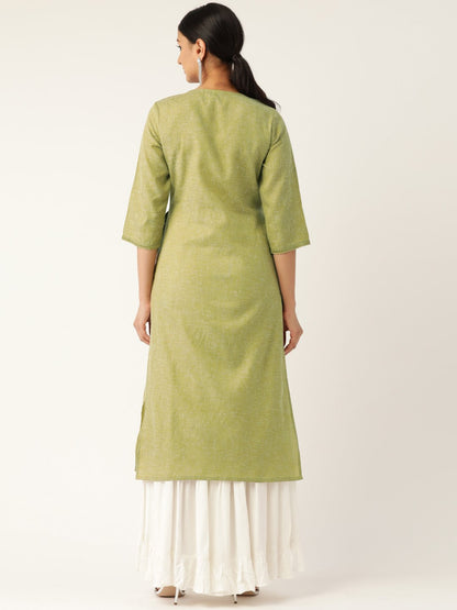 Women's Green Calf Length Three-Quarter Sleeves Straight Solid Embroidered Cotton Kurta