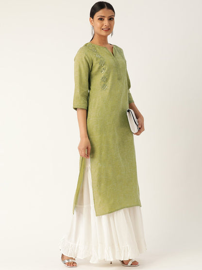 Women's Green Calf Length Three-Quarter Sleeves Straight Solid Embroidered Cotton Kurta