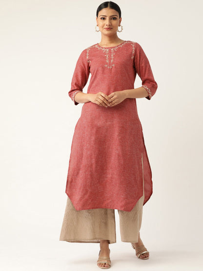 Women's Maroon Calf Length Three-Quarter Sleeves Straight Solid Embroidered Cotton Kurta