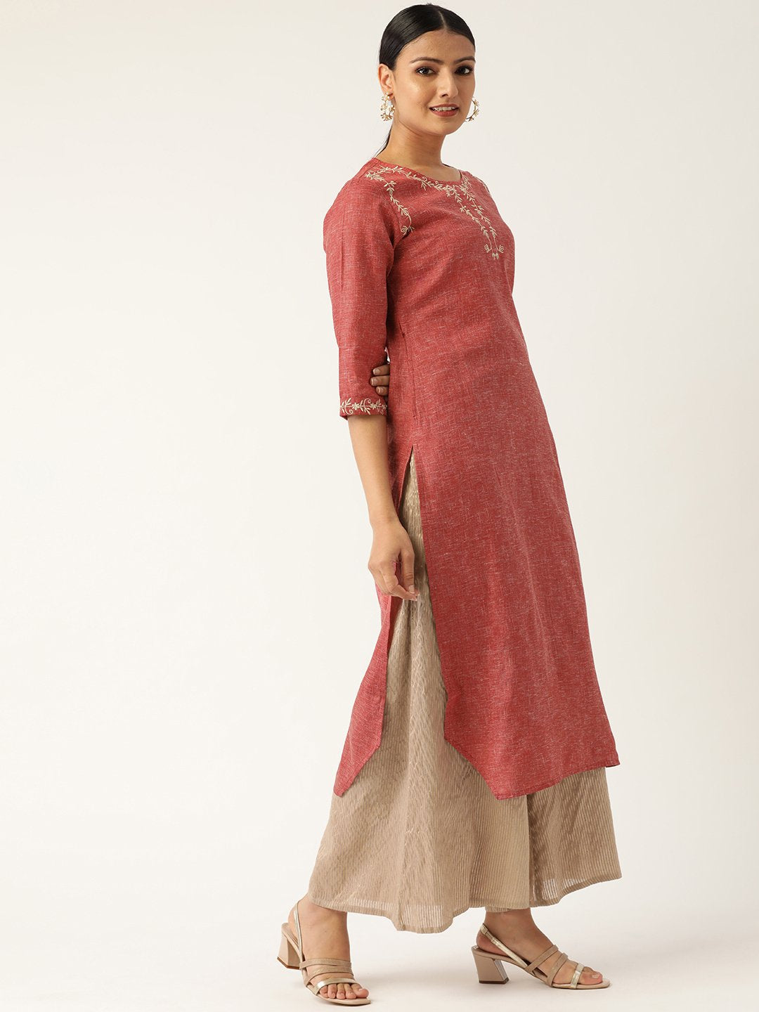 Women's Maroon Calf Length Three-Quarter Sleeves Straight Solid Embroidered Cotton Kurta