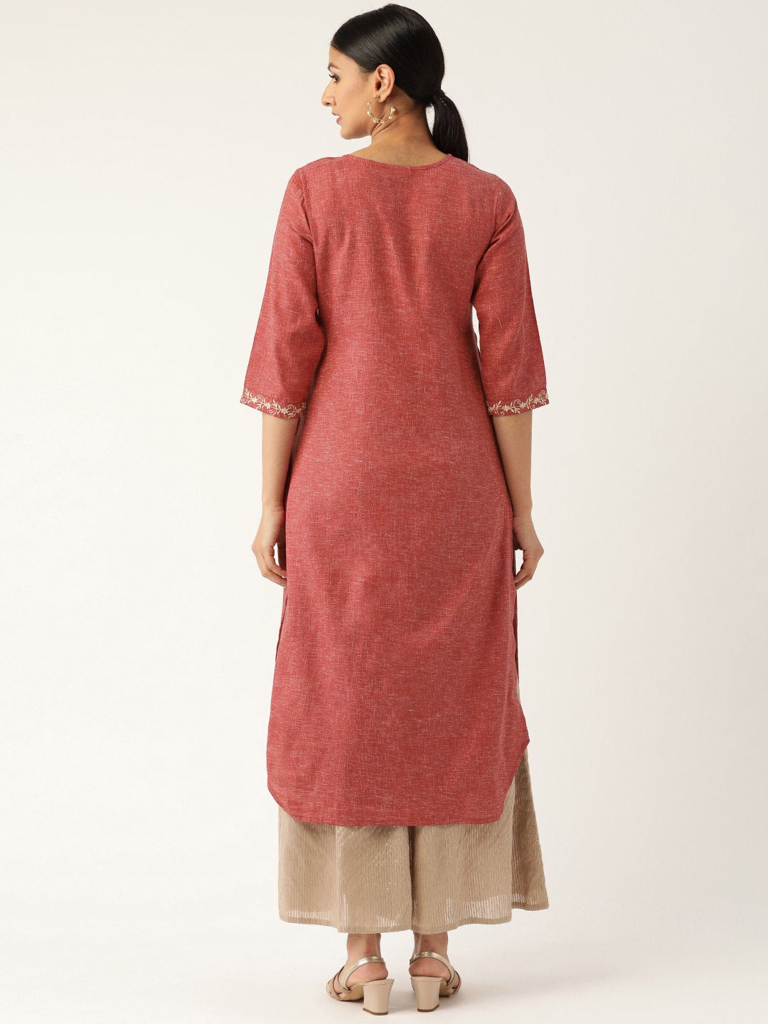 Women's Maroon Calf Length Three-Quarter Sleeves Straight Solid Embroidered Cotton Kurta