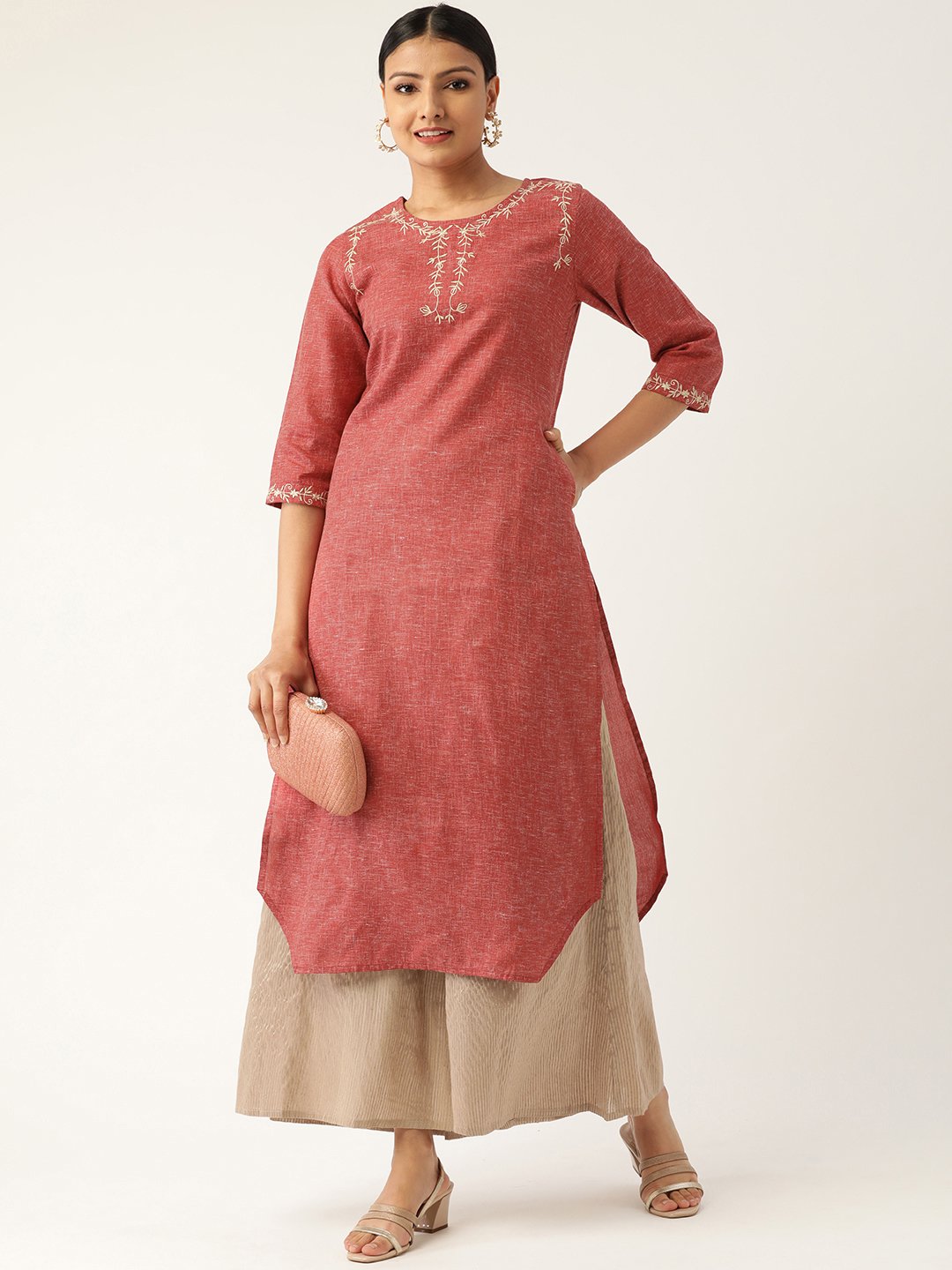 Women's Maroon Calf Length Three-Quarter Sleeves Straight Solid Embroidered Cotton Kurta