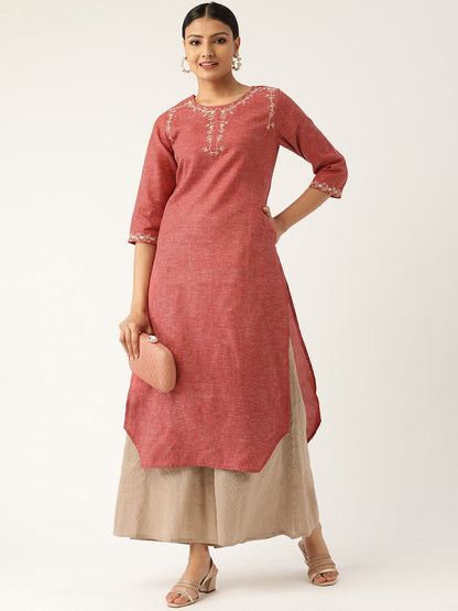 Women's Maroon Calf Length Three-Quarter Sleeves Straight Solid Embroidered Cotton Kurta