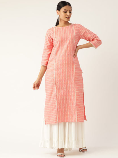 Women's Pink Calf Length Three-Quarter Sleeves Straight Striped Striped Cotton Kurta