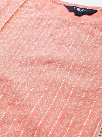 Women's Pink Calf Length Three-Quarter Sleeves Straight Striped Striped Cotton Kurta