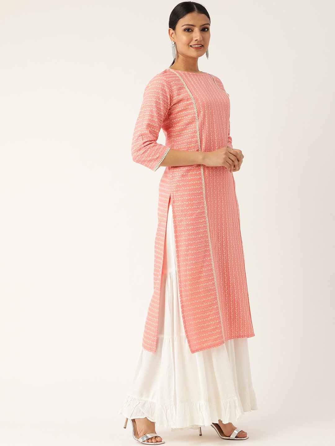 Women's Pink Calf Length Three-Quarter Sleeves Straight Striped Striped Cotton Kurta