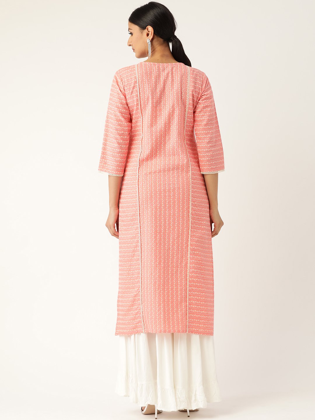 Women's Pink Calf Length Three-Quarter Sleeves Straight Striped Striped Cotton Kurta