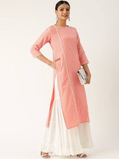 Women's Pink Calf Length Three-Quarter Sleeves Straight Striped Striped Cotton Kurta