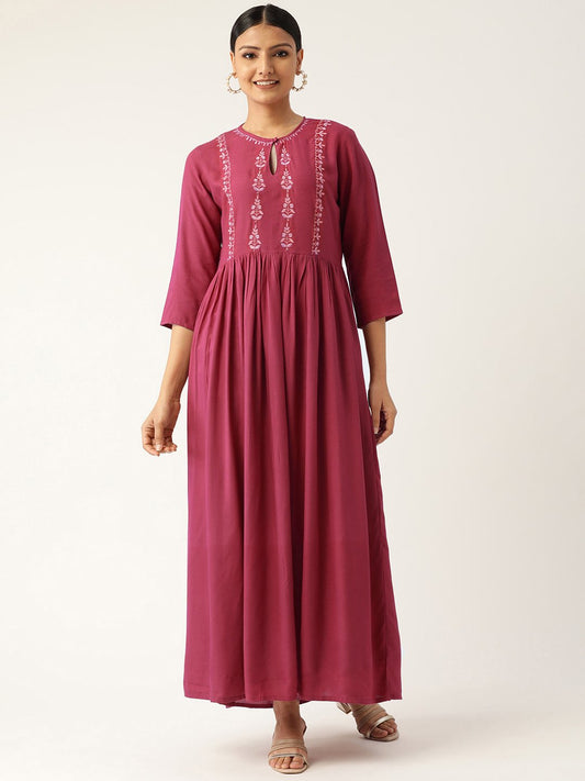 Women's Pink Solid Solid Keyhole Neck Viscose Rayon Fit And Flare Dress