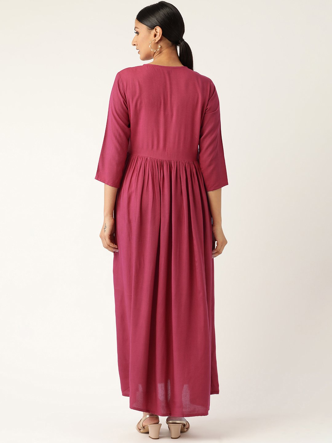 Women's Pink Solid Solid Keyhole Neck Viscose Rayon Fit And Flare Dress