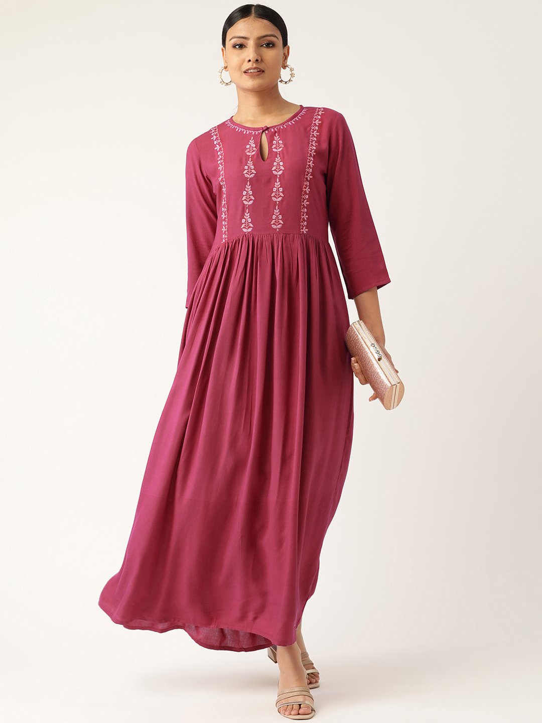 Women's Pink Solid Solid Keyhole Neck Viscose Rayon Fit And Flare Dress