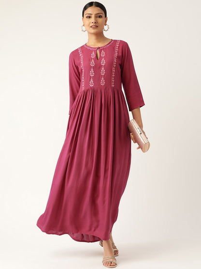Women's Pink Solid Solid Keyhole Neck Viscose Rayon Fit And Flare Dress