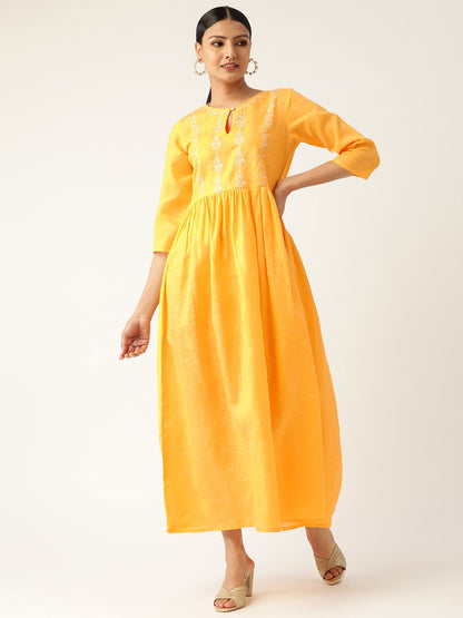 Women's Yellow Solid Solid Keyhole Neck Cotton Fit And Flare Dress