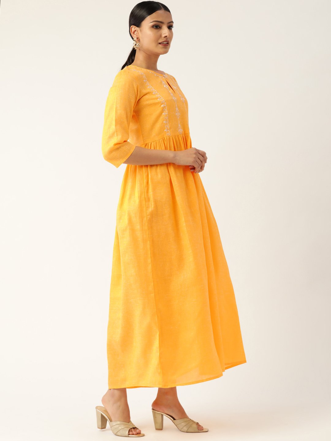 Women's Yellow Solid Solid Keyhole Neck Cotton Fit And Flare Dress