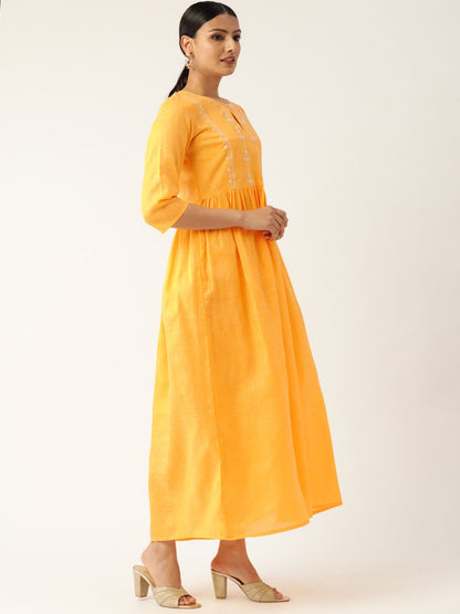 Women's Yellow Solid Solid Keyhole Neck Cotton Fit And Flare Dress