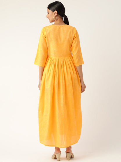 Women's Yellow Solid Solid Keyhole Neck Cotton Fit And Flare Dress