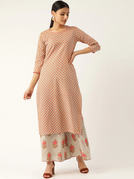 Women's Beige & Pink Printed Kurta With Palazzos