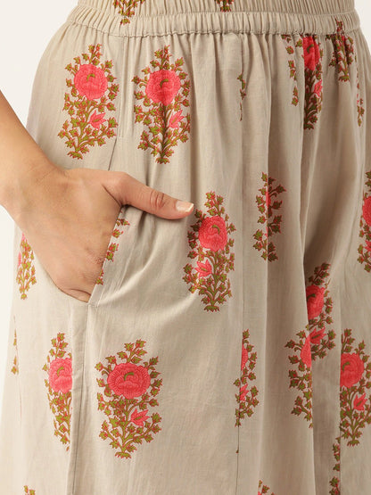 Women's Beige & Pink Printed Kurta With Palazzos