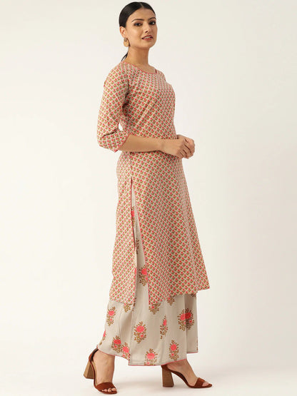 Women's Beige & Pink Printed Kurta With Palazzos