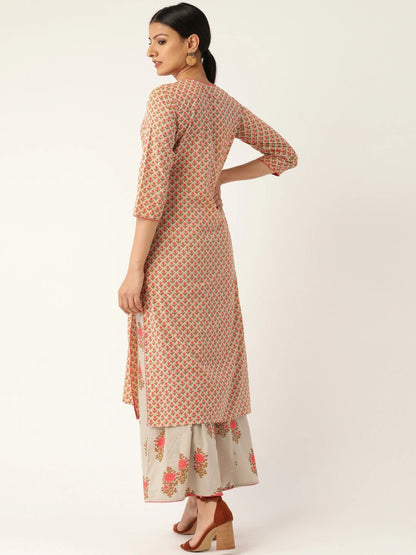 Women's Beige & Pink Printed Kurta With Palazzos