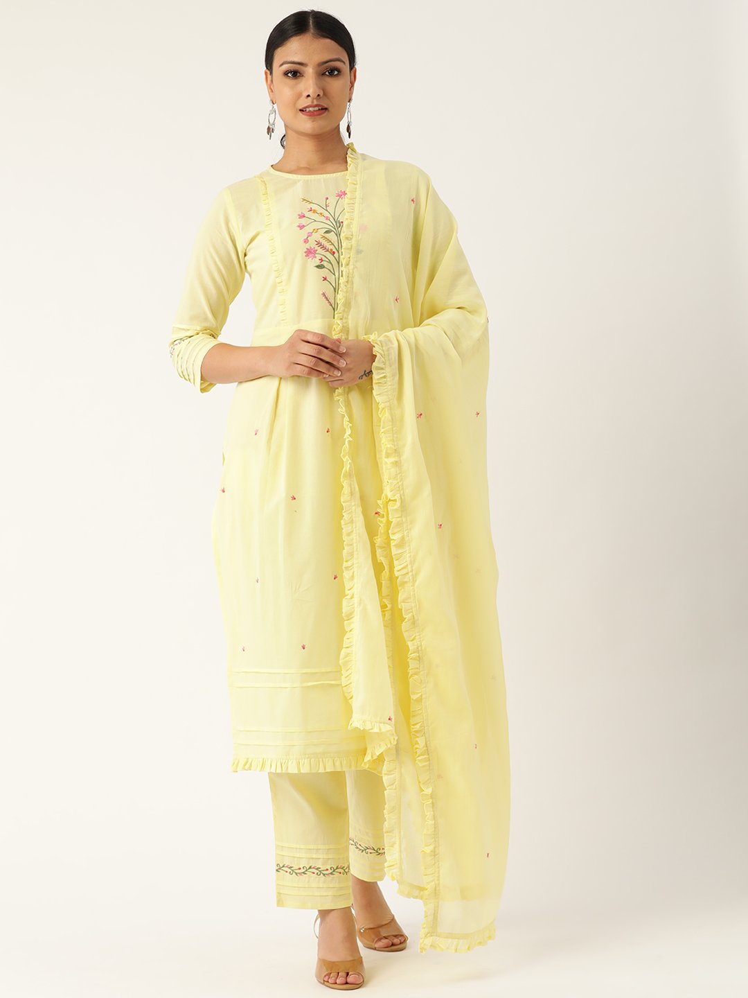 Women's Yellow & Pink Embroidered Kurta With Palazzos & Dupatta