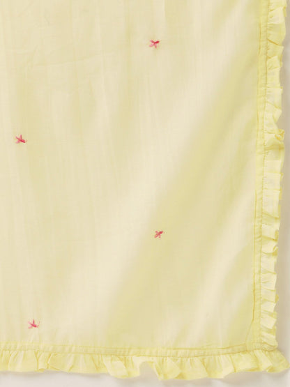 Women's Yellow & Pink Embroidered Kurta With Palazzos & Dupatta