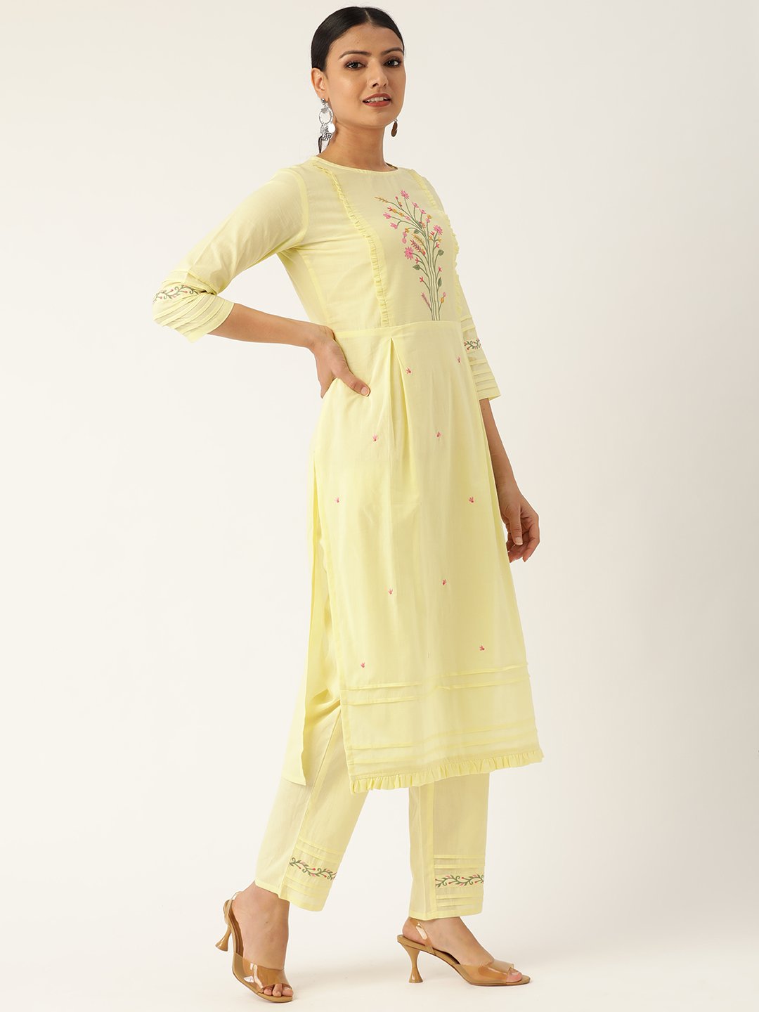 Women's Yellow & Pink Embroidered Kurta With Palazzos & Dupatta