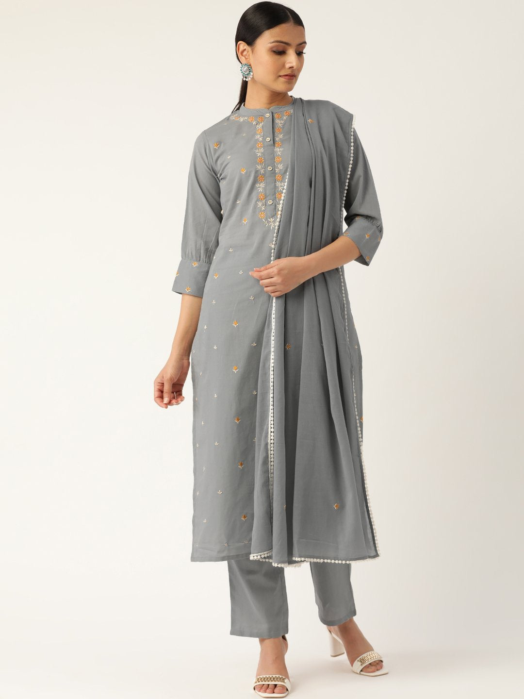 Women's Grey & Orange Embroidered Kurta With Trousers & Dupatta