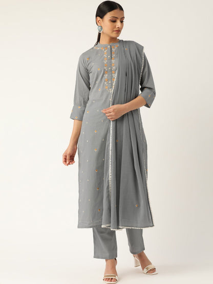 Women's Grey & Orange Embroidered Kurta With Trousers & Dupatta