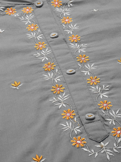 Women's Grey & Orange Embroidered Kurta With Trousers & Dupatta