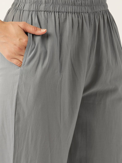 Women's Grey & Orange Embroidered Kurta With Trousers & Dupatta