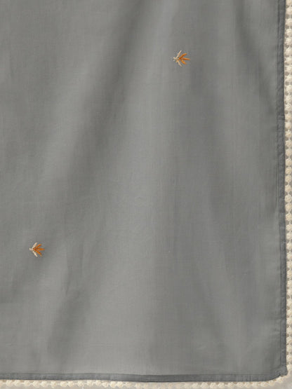 Women's Grey & Orange Embroidered Kurta With Trousers & Dupatta