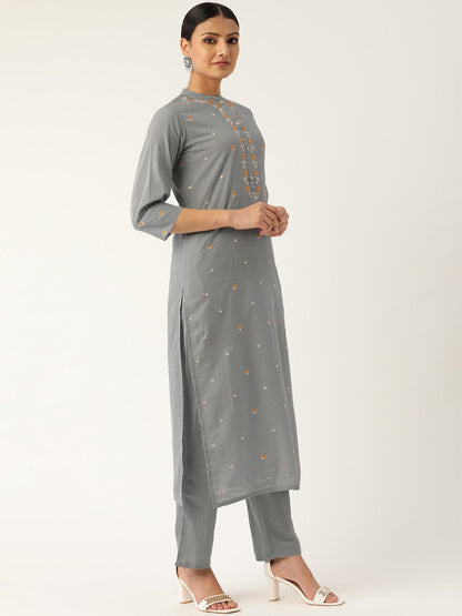 Women's Grey & Orange Embroidered Kurta With Trousers & Dupatta