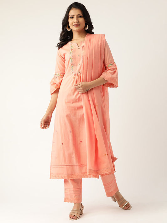 Women's Peach-Coloured Embroidered Kurta With Palazzos & Dupatta