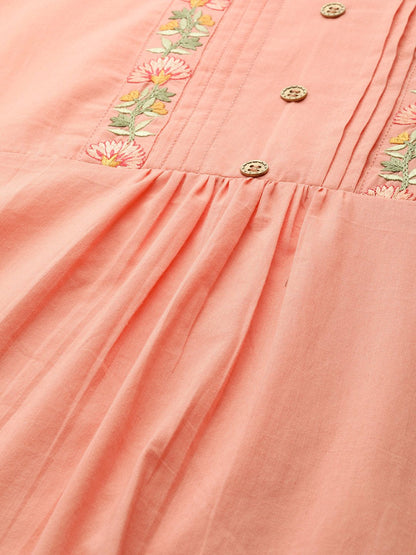 Women's Peach-Coloured Embroidered Kurta With Palazzos & Dupatta