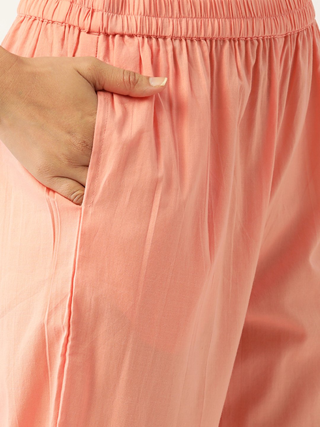 Women's Peach-Coloured Embroidered Kurta With Palazzos & Dupatta